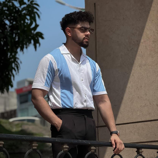 Pannel Cuban Collar Shirt (White & Blue)
