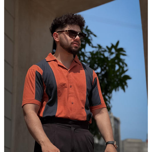 Pannel Cuban Collar Shirt (Rust & Black)