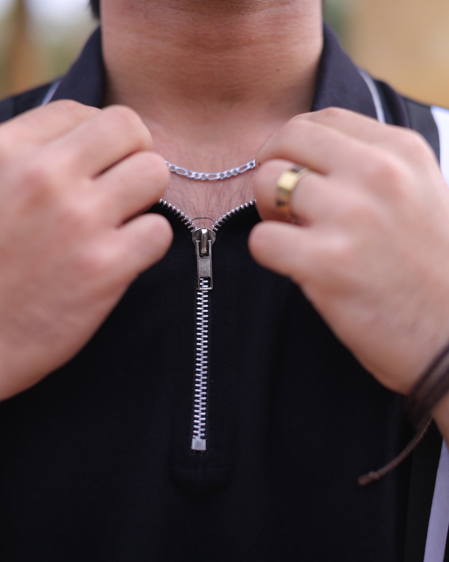 Striped Zipper Polo(Black)