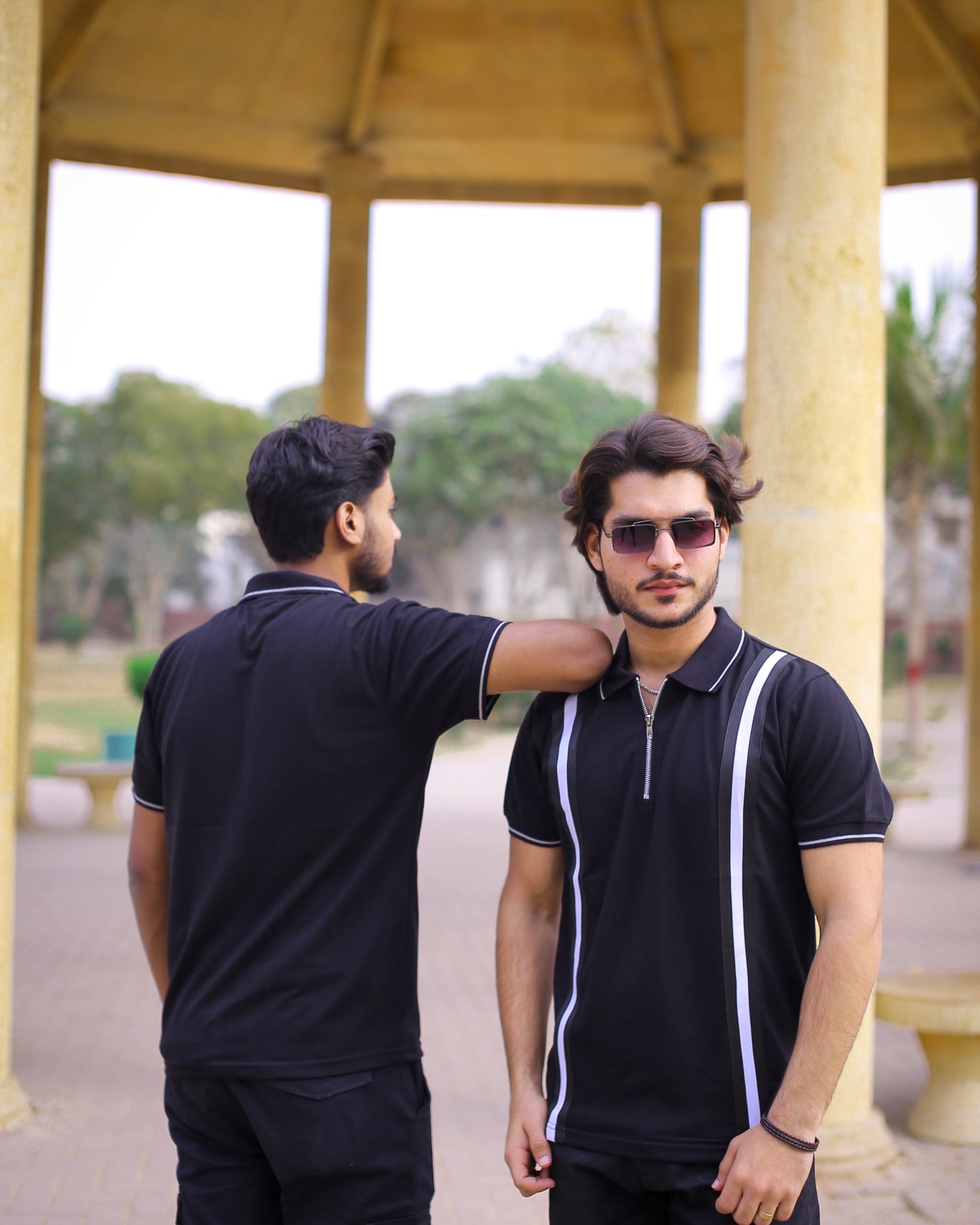 Striped Zipper Polo(Black)