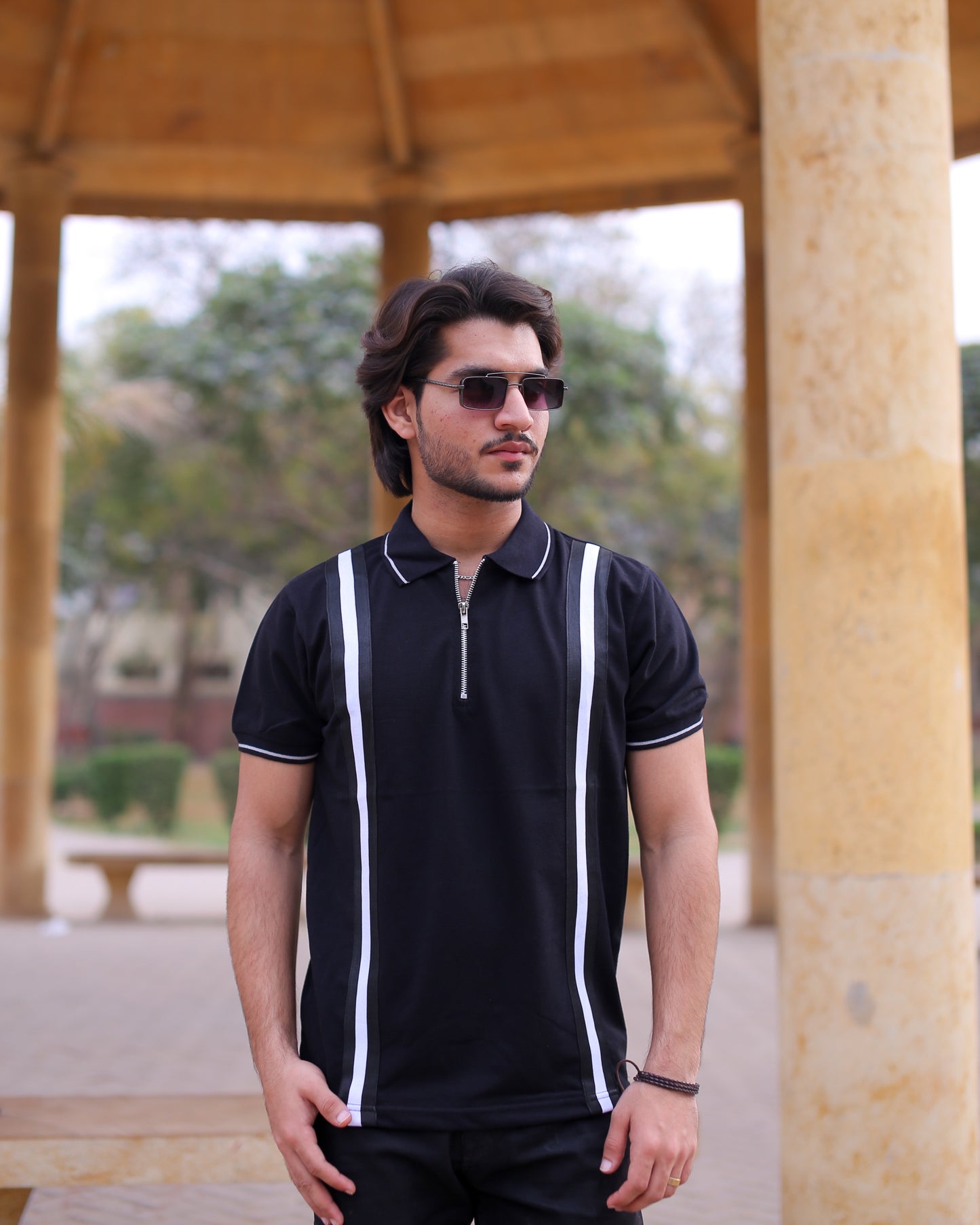 Striped Zipper Polo(Black)