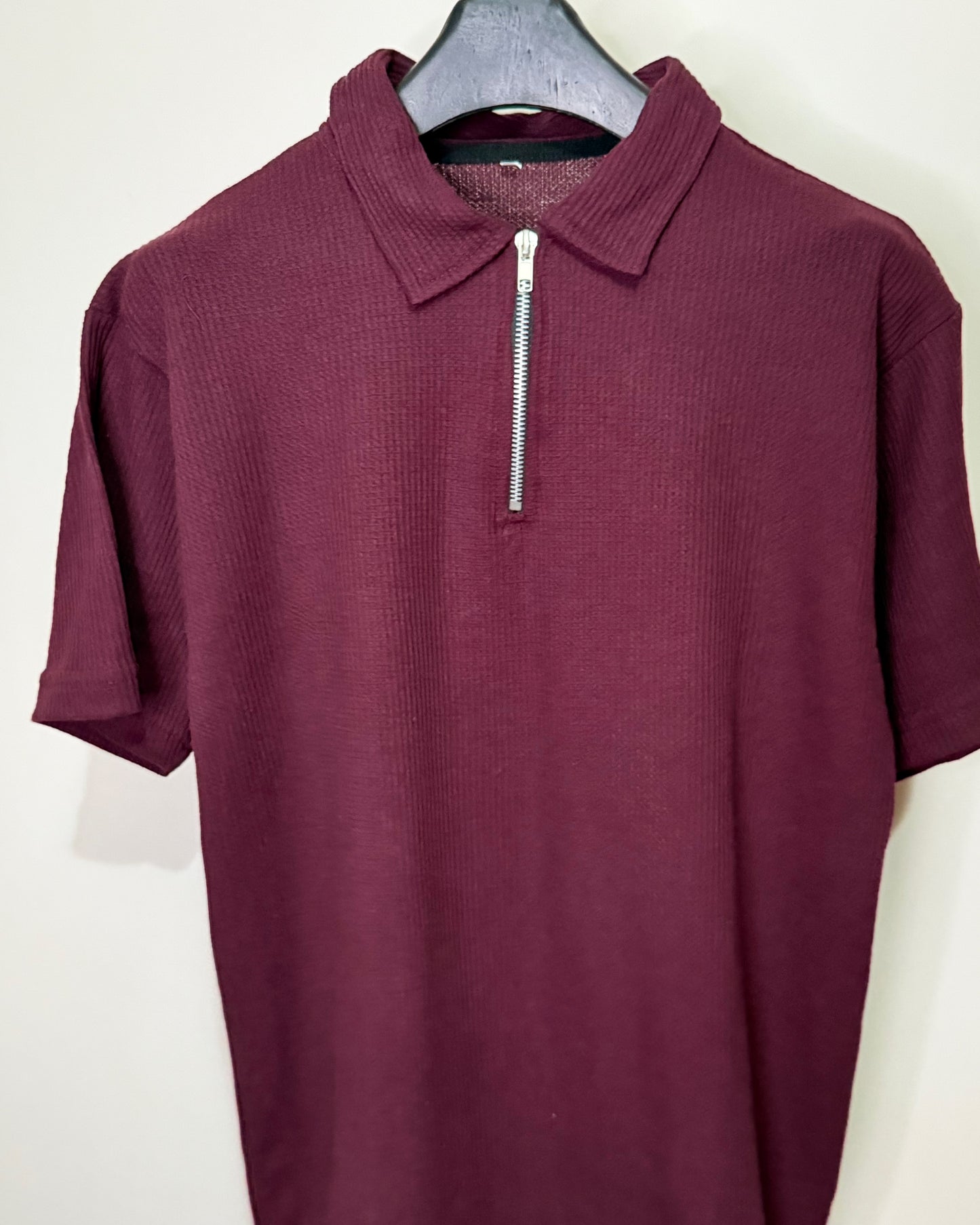 Waffle Knitted Zipper Polo(Maroon)